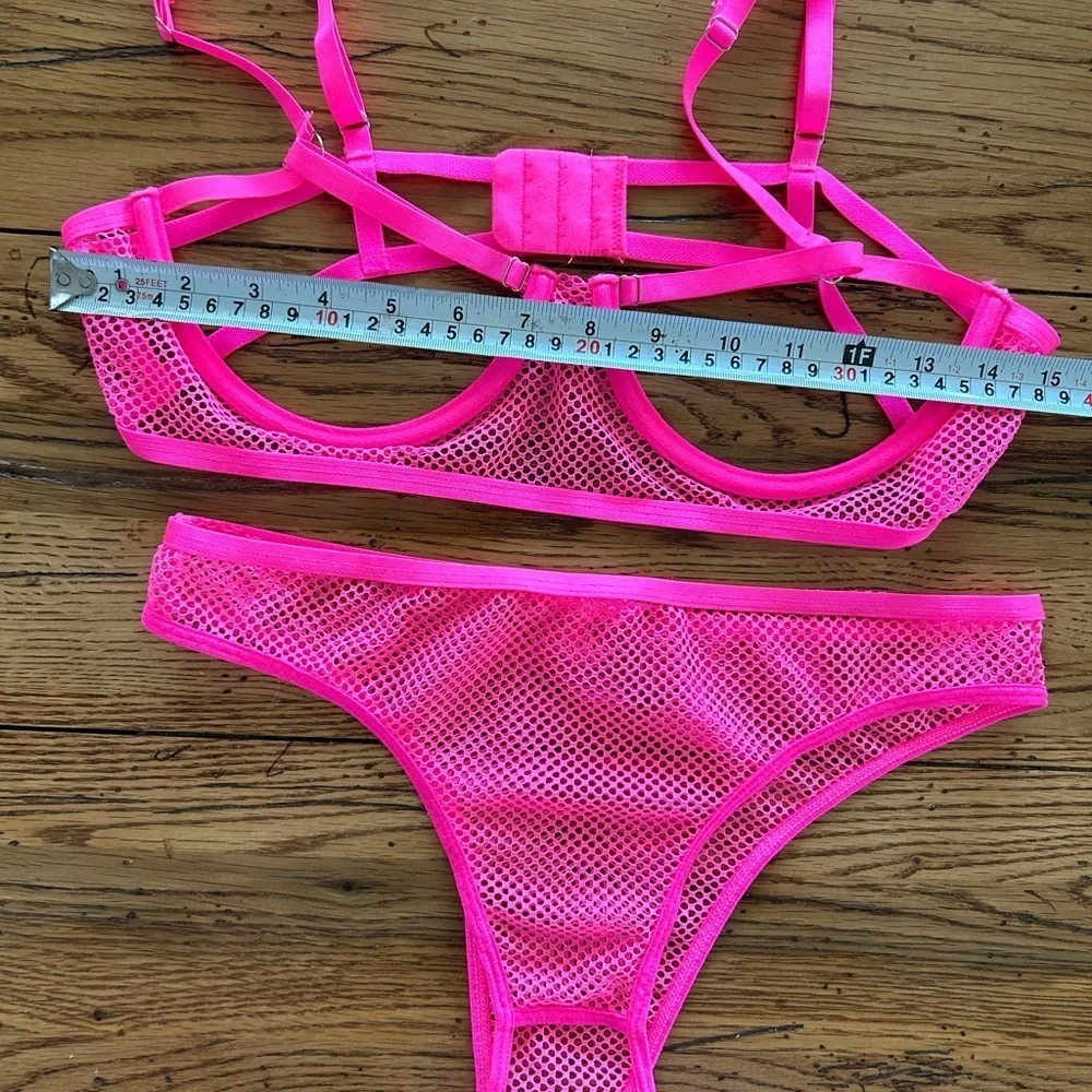 Hot Pink  mesh banded, open bra, and panty set NWOT.